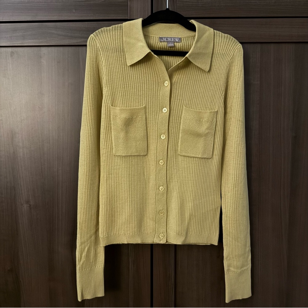 J. Crew Women's Collared Ribbed Button-Down Sweater, Size S, Merino Wool, Yellow